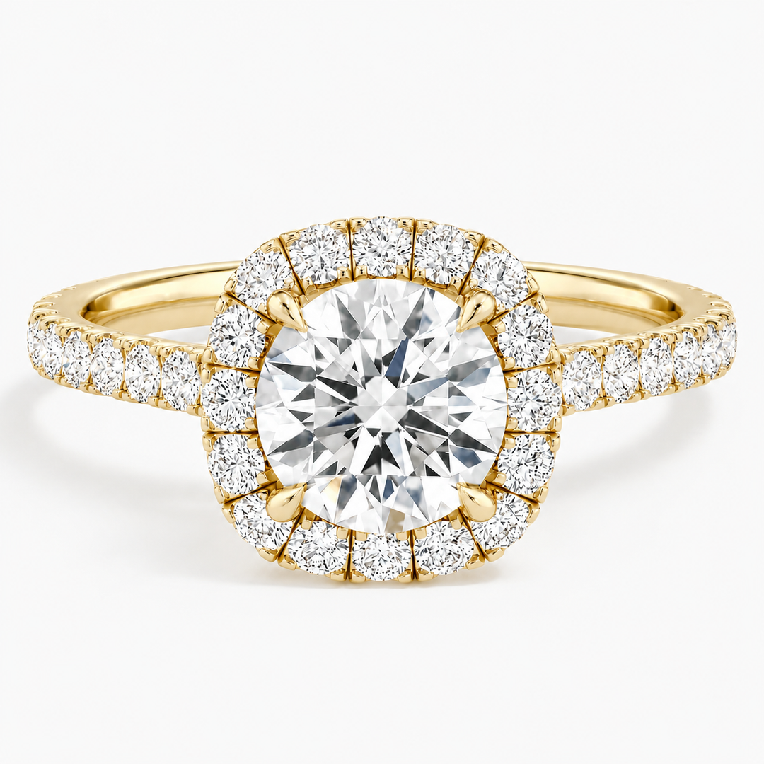Anillo de compromiso con brillante 1 ct en halo forma Cushion - Oro y Platino